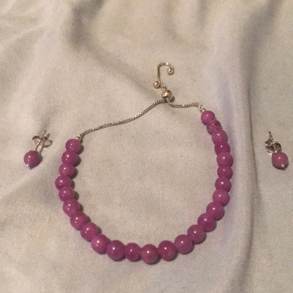 Sterling Silver Purple Jade Bracelet and Earrings